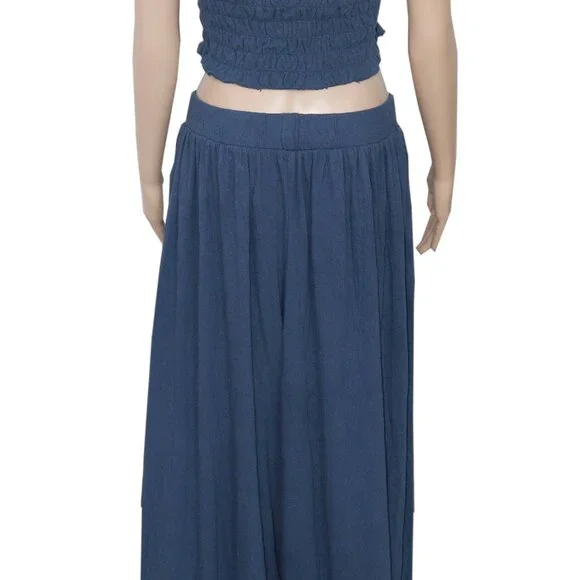 Free People Solange Set Deep Seas Ruffled Pull-On Wide-Leg Smocked Top & Pants - Picture 5 of 7